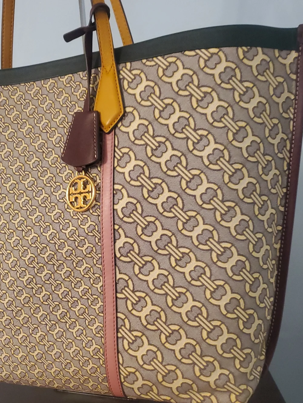 Tory Burch Beige Patterned Canvas Tote with Yellow Straps